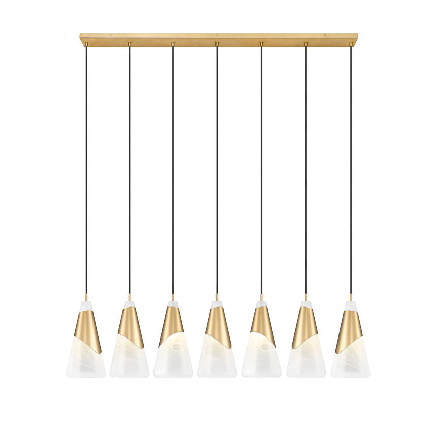 Z-Lite Aimie 7-Light Candelabra Bulb Base Modern Gold Steel Frame Feathered White Glass Shade Linear Chandelier