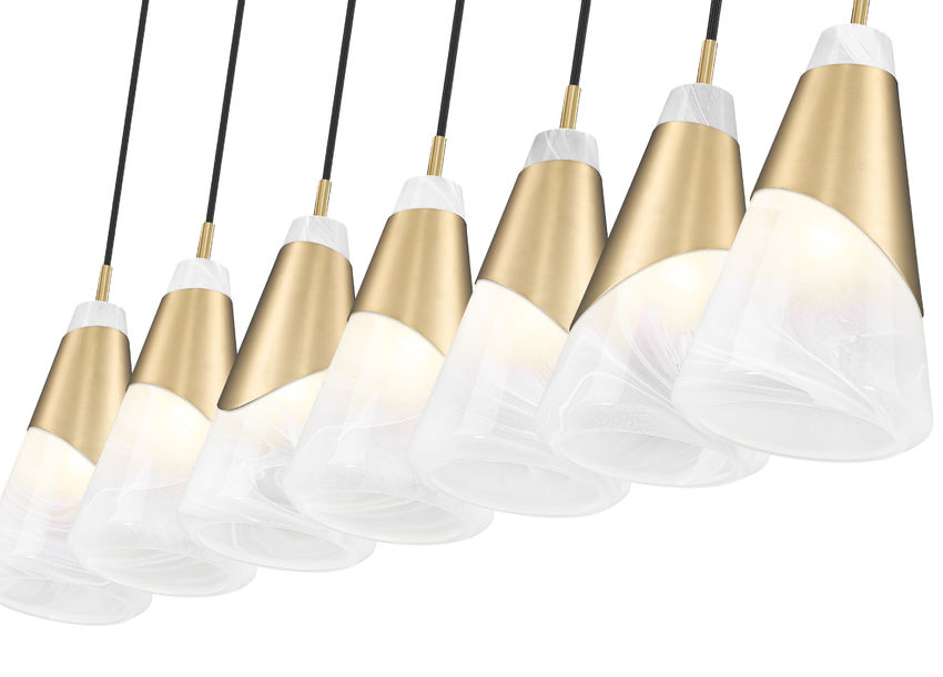 Z-Lite Aimie 7-Light Candelabra Bulb Base Modern Gold Steel Frame Feathered White Glass Shade Linear Chandelier