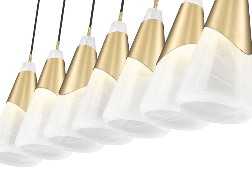Z-Lite Aimie 7-Light Candelabra Bulb Base Modern Gold Steel Frame Feathered White Glass Shade Linear Chandelier