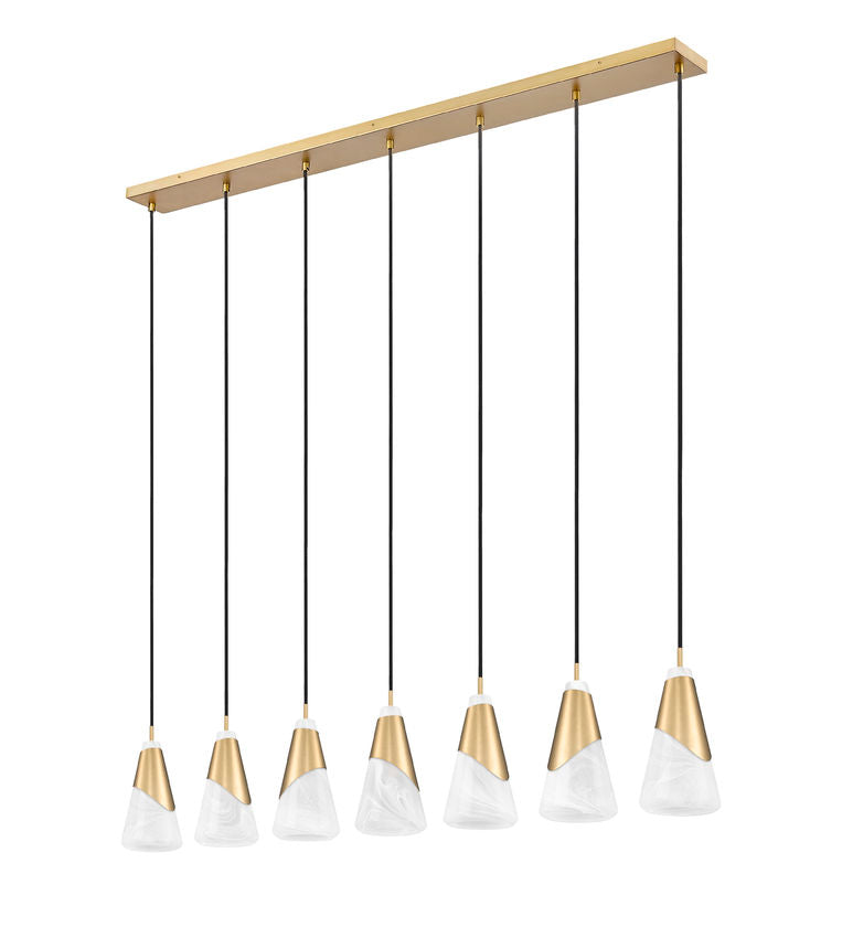 Z-Lite Aimie 7-Light Candelabra Bulb Base Modern Gold Steel Frame Feathered White Glass Shade Linear Chandelier