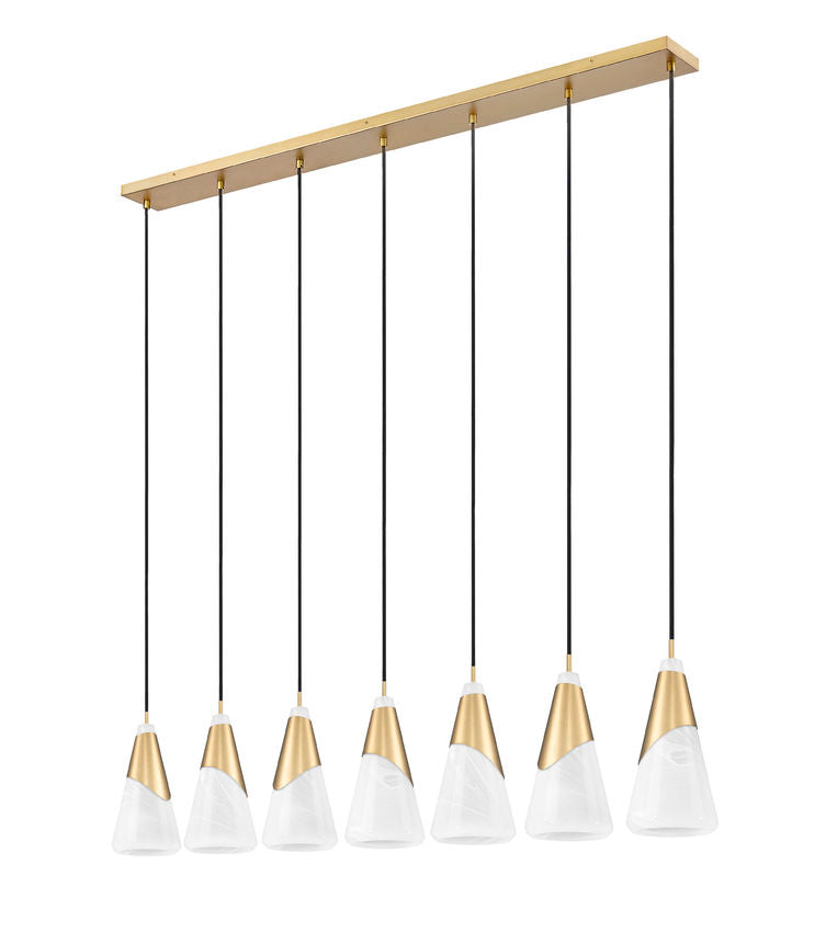 Z-Lite Aimie 7-Light Candelabra Bulb Base Modern Gold Steel Frame Feathered White Glass Shade Linear Chandelier