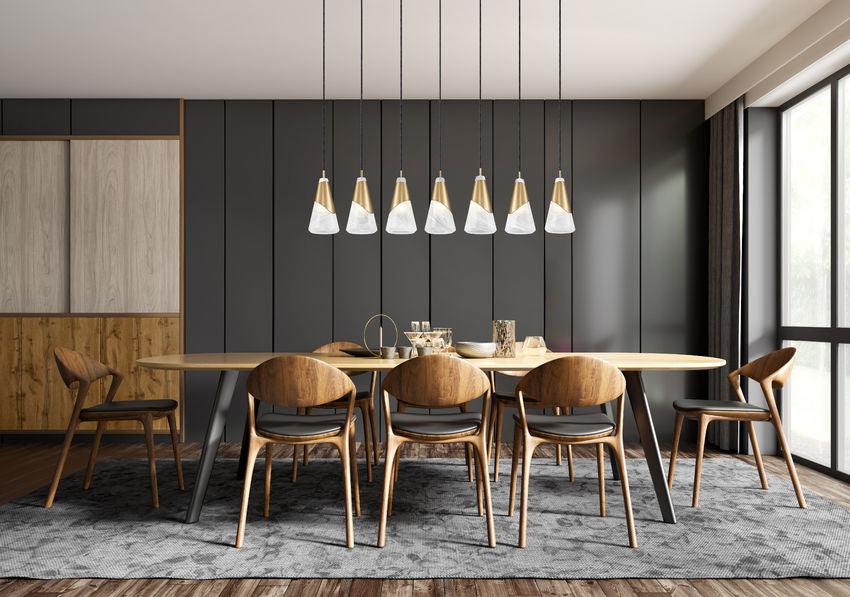 Z-Lite Aimie 7-Light Candelabra Bulb Base Modern Gold Steel Frame Feathered White Glass Shade Linear Chandelier