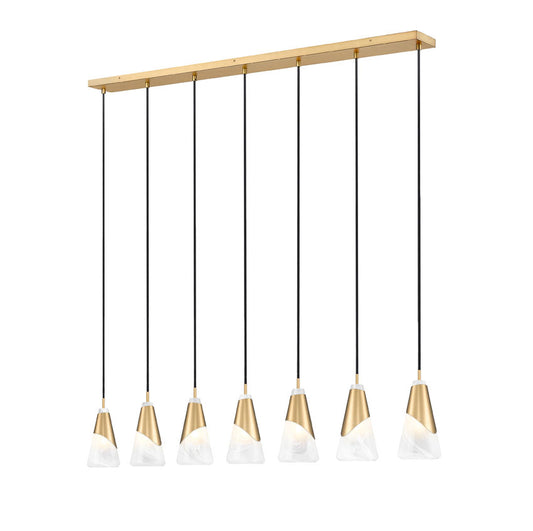 Z-Lite Aimie 7-Light Candelabra Bulb Base Modern Gold Steel Frame Feathered White Glass Shade Linear Chandelier