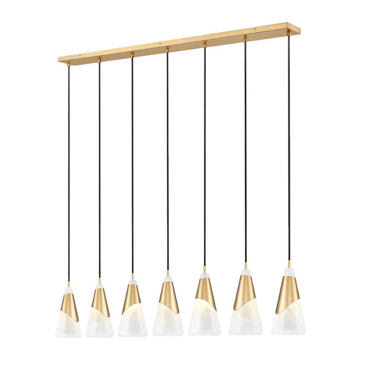 Z-Lite Aimie 7-Light Candelabra Bulb Base Modern Gold Steel Frame Feathered White Glass Shade Linear Chandelier