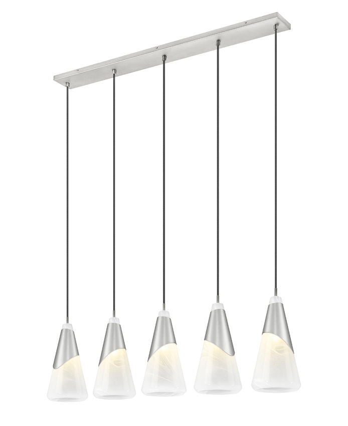Z-Lite Aimie 828P7-5L-BN 5-Light Candelabra Bulb Base Brushed Nickel Steel Frame Feathered White Glass Shade Linear Chandelier