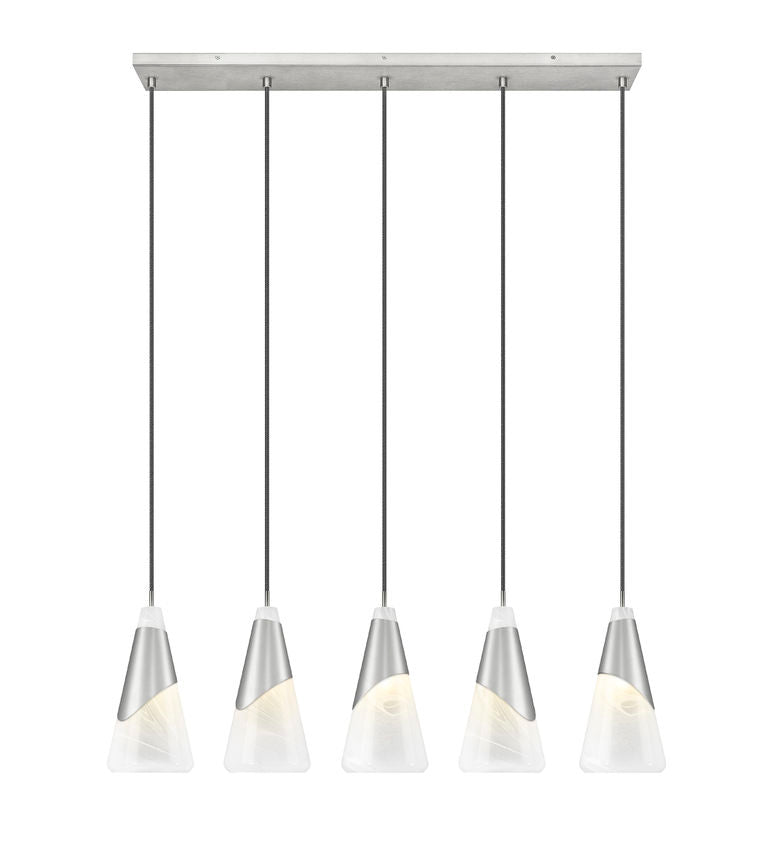 Z-Lite Aimie 828P7-5L-BN 5-Light Candelabra Bulb Base Brushed Nickel Steel Frame Feathered White Glass Shade Linear Chandelier