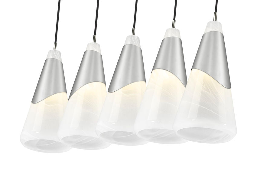 Z-Lite Aimie 828P7-5L-BN 5-Light Candelabra Bulb Base Brushed Nickel Steel Frame Feathered White Glass Shade Linear Chandelier