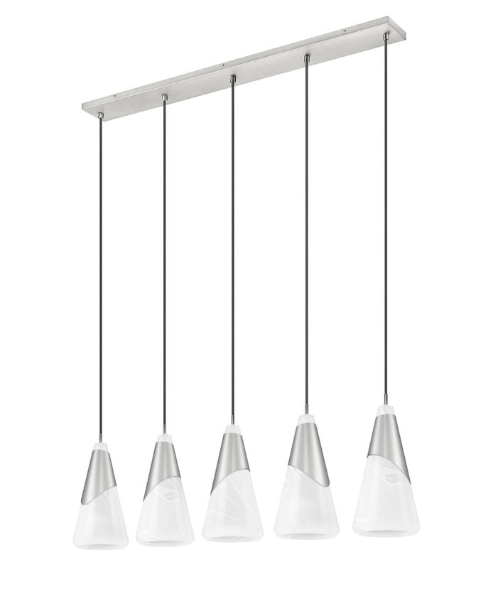 Z-Lite Aimie 828P7-5L-BN 5-Light Candelabra Bulb Base Brushed Nickel Steel Frame Feathered White Glass Shade Linear Chandelier