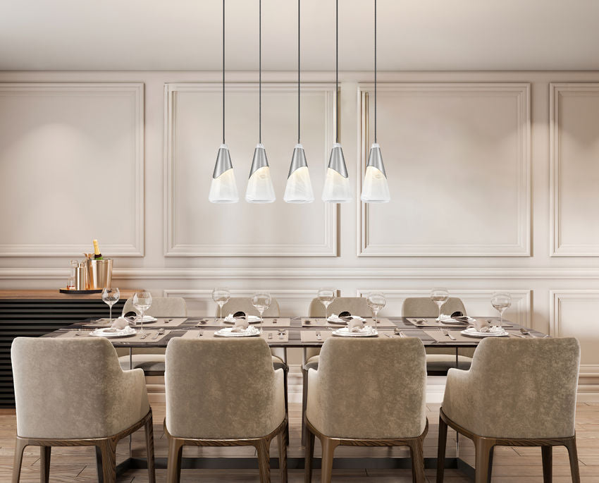 Z-Lite Aimie 828P7-5L-BN 5-Light Candelabra Bulb Base Brushed Nickel Steel Frame Feathered White Glass Shade Linear Chandelier