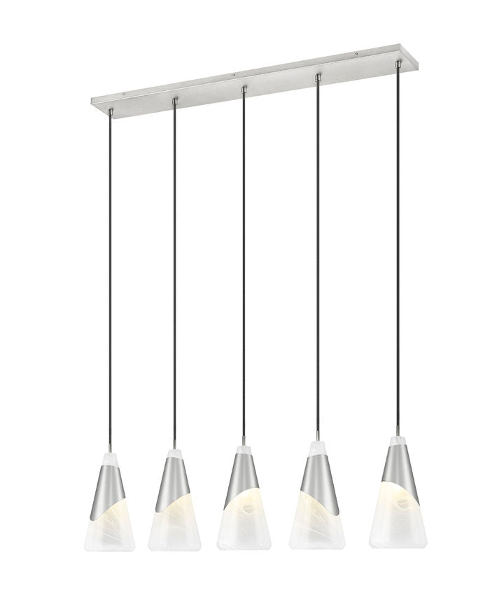 Z-Lite Aimie 828P7-5L-BN 5-Light Candelabra Bulb Base Brushed Nickel Steel Frame Feathered White Glass Shade Linear Chandelier