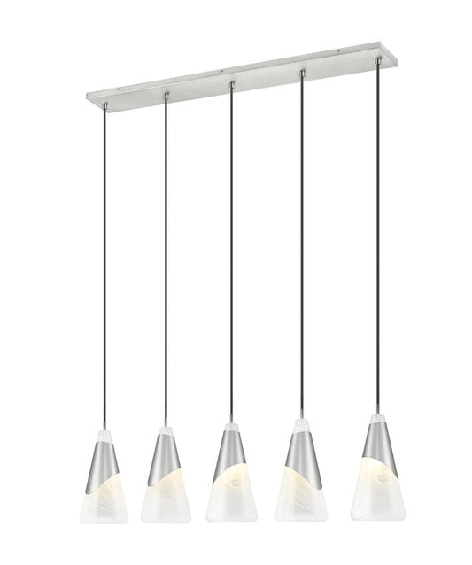 Z-Lite Aimie 828P7-5L-BN 5-Light Candelabra Bulb Base Brushed Nickel Steel Frame Feathered White Glass Shade Linear Chandelier