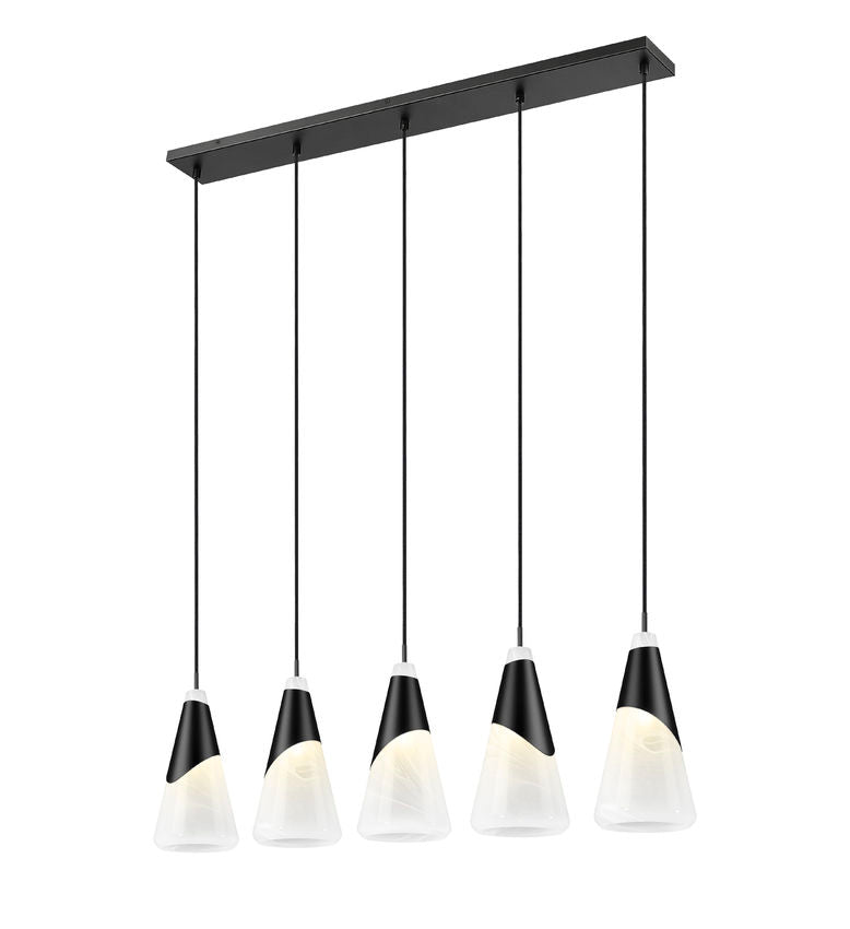 Z-Lite Aimie 828P7-5L-MB 5-Light Candelabra Bulb Base Matte Black Steel Frame Feathered White Glass Shade Linear Chandelier