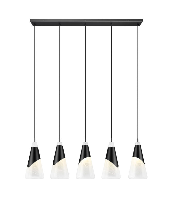 Z-Lite Aimie 828P7-5L-MB 5-Light Candelabra Bulb Base Matte Black Steel Frame Feathered White Glass Shade Linear Chandelier