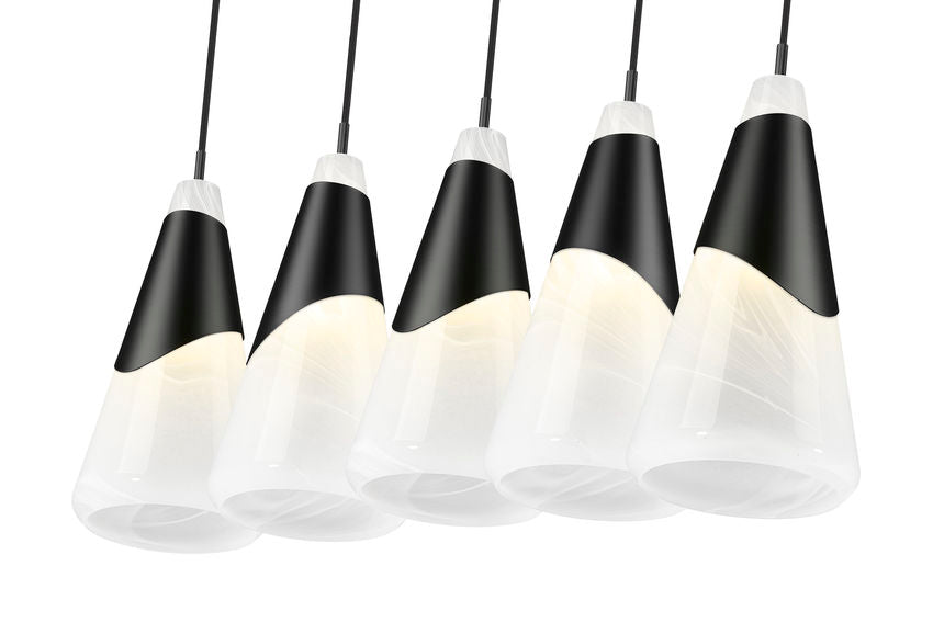 Z-Lite Aimie 828P7-5L-MB 5-Light Candelabra Bulb Base Matte Black Steel Frame Feathered White Glass Shade Linear Chandelier