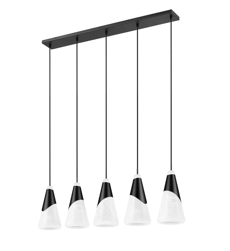 Z-Lite Aimie 828P7-5L-MB 5-Light Candelabra Bulb Base Matte Black Steel Frame Feathered White Glass Shade Linear Chandelier