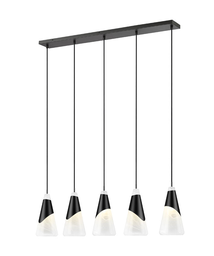 Z-Lite Aimie 828P7-5L-MB 5-Light Candelabra Bulb Base Matte Black Steel Frame Feathered White Glass Shade Linear Chandelier