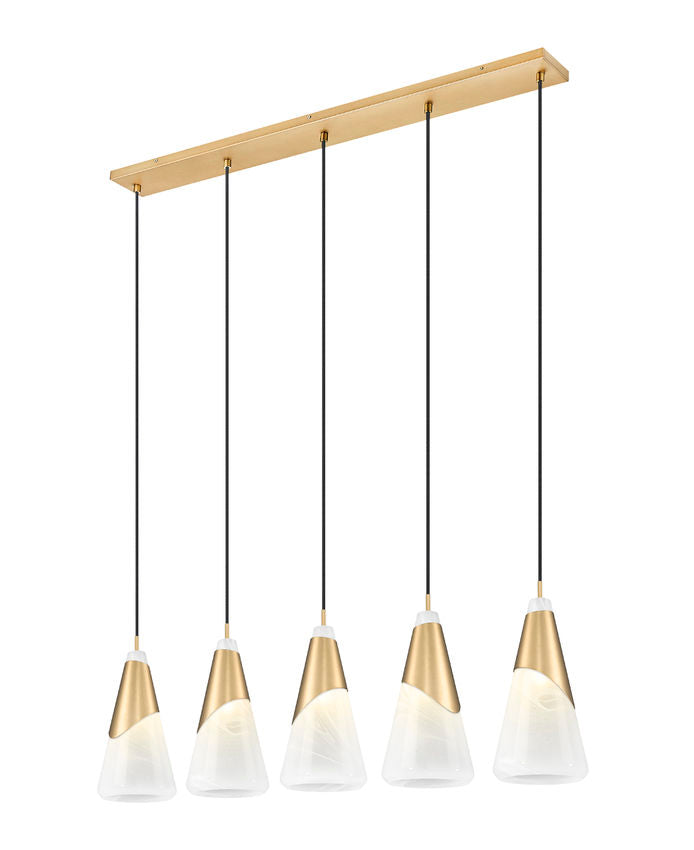 Z-Lite Aimie 828P7-5L-MGLD 5-Light Candelabra Bulb Base Modern Gold Steel Frame Feathered White Glass Shade Linear Chandelier