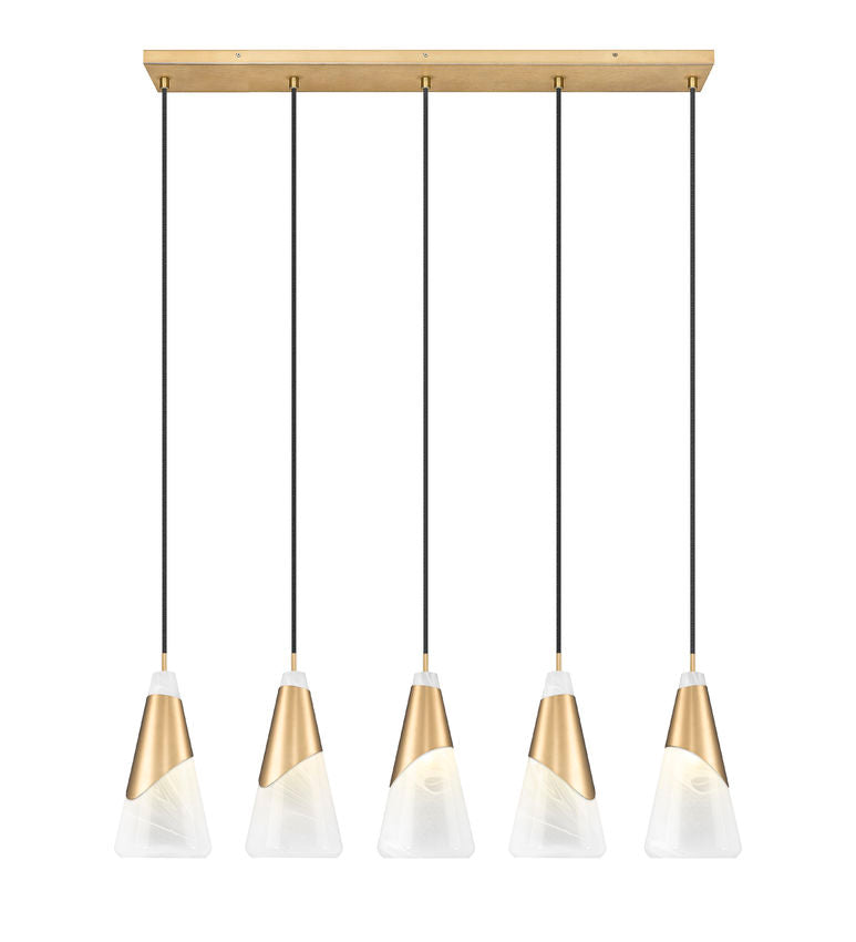 Z-Lite Aimie 828P7-5L-MGLD 5-Light Candelabra Bulb Base Modern Gold Steel Frame Feathered White Glass Shade Linear Chandelier