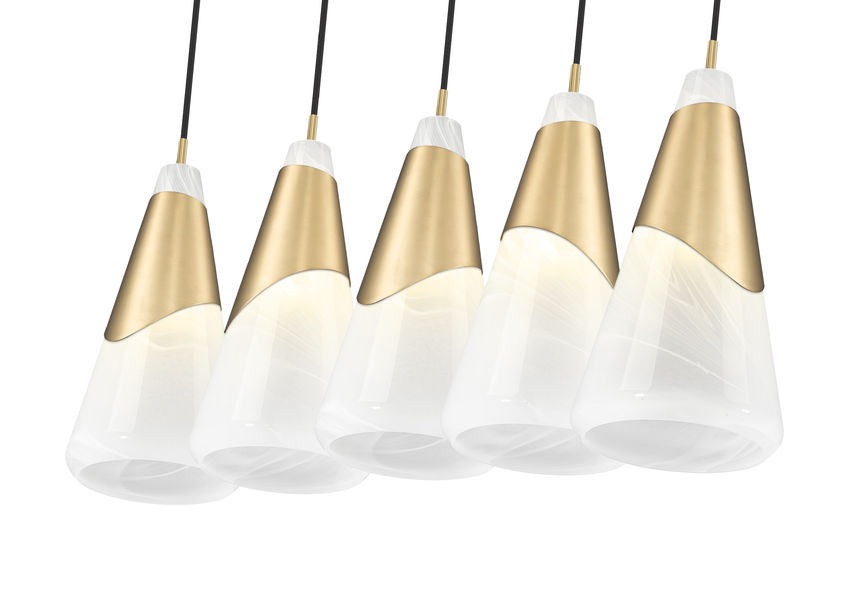 Z-Lite Aimie 828P7-5L-MGLD 5-Light Candelabra Bulb Base Modern Gold Steel Frame Feathered White Glass Shade Linear Chandelier