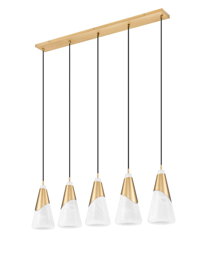 Z-Lite Aimie 828P7-5L-MGLD 5-Light Candelabra Bulb Base Modern Gold Steel Frame Feathered White Glass Shade Linear Chandelier