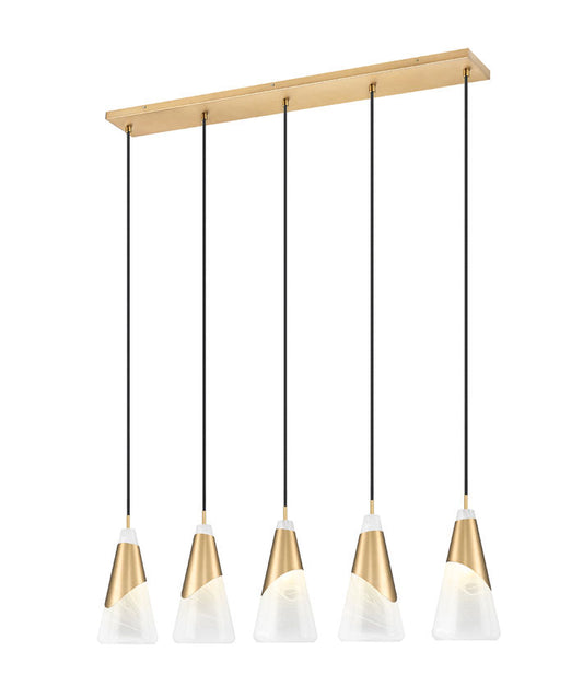 Z-Lite Aimie 828P7-5L-MGLD 5-Light Candelabra Bulb Base Modern Gold Steel Frame Feathered White Glass Shade Linear Chandelier