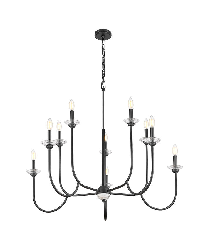 Z-Lite Allistair 10-Light Candelabra Bulb Base Matte Black Steel Frame Clear Ribbed Glass Shade Chandelier