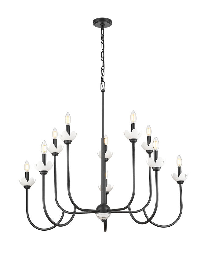 Z-Lite Allistair 10-Light Candelabra Bulb Base Matte Black Steel Frame Clear Ribbed Glass Shade Chandelier