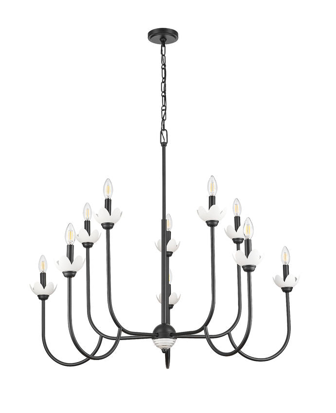 Z-Lite Allistair 10-Light Candelabra Bulb Base Matte Black Steel Frame Clear Ribbed Glass Shade Chandelier