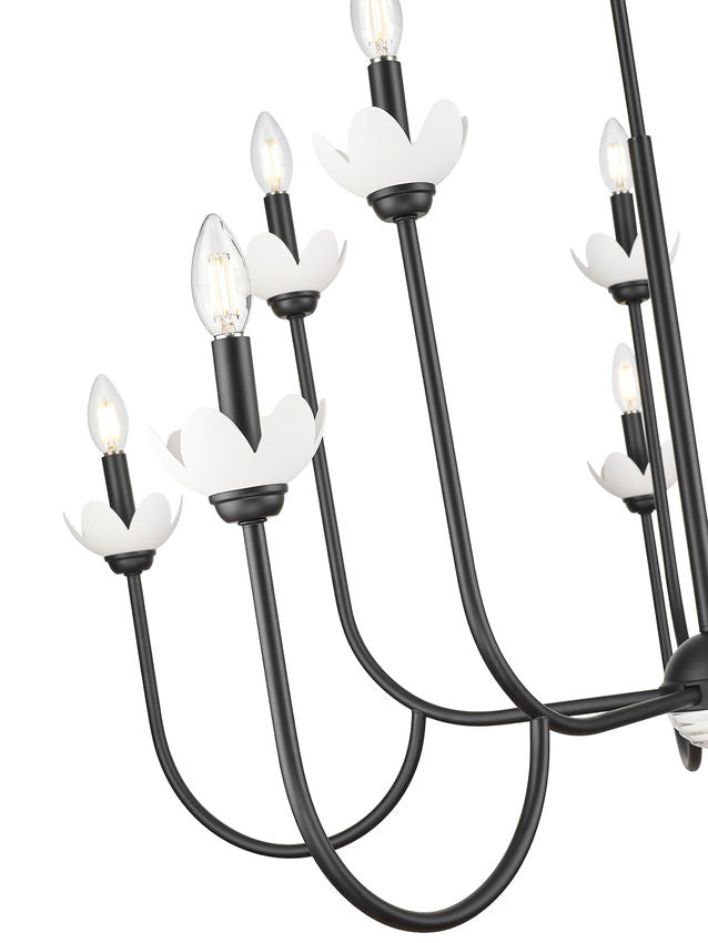 Z-Lite Allistair 10-Light Candelabra Bulb Base Matte Black Steel Frame Clear Ribbed Glass Shade Chandelier
