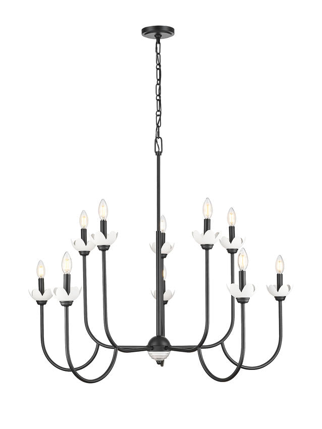 Z-Lite Allistair 10-Light Candelabra Bulb Base Matte Black Steel Frame Clear Ribbed Glass Shade Chandelier