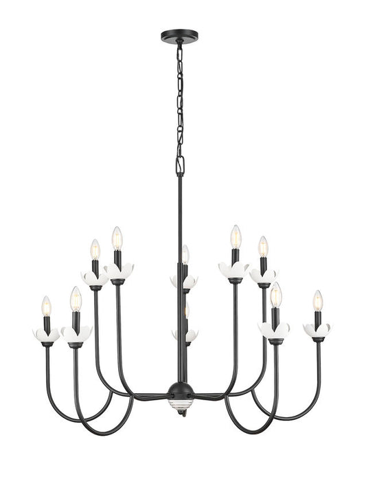 Z-Lite Allistair 10-Light Candelabra Bulb Base Matte Black Steel Frame Clear Ribbed Glass Shade Chandelier