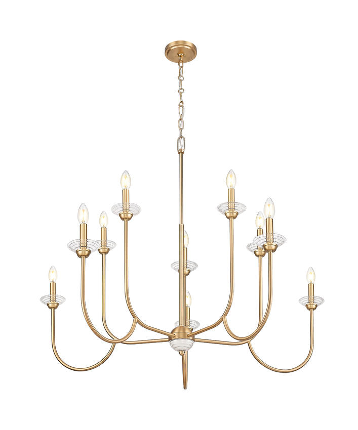 Z-Lite Allistair 10-Light Candelabra Bulb Base Modern Gold Steel Frame Clear Ribbed Glass Shade Chandelier