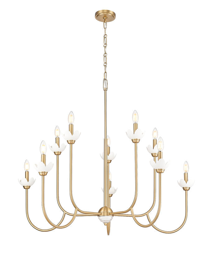 Z-Lite Allistair 10-Light Candelabra Bulb Base Modern Gold Steel Frame Clear Ribbed Glass Shade Chandelier