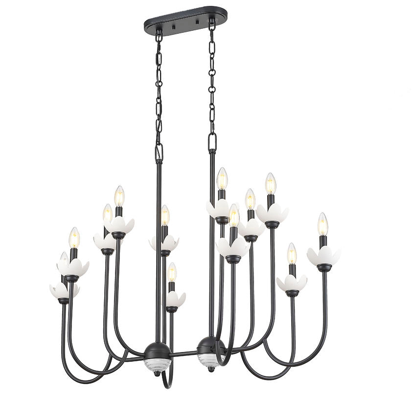 Z-Lite Allistair 12-Light Candelabra Bulb Base Matte Black Steel Frame Clear Ribbed Glass Shade Linear Chandelier