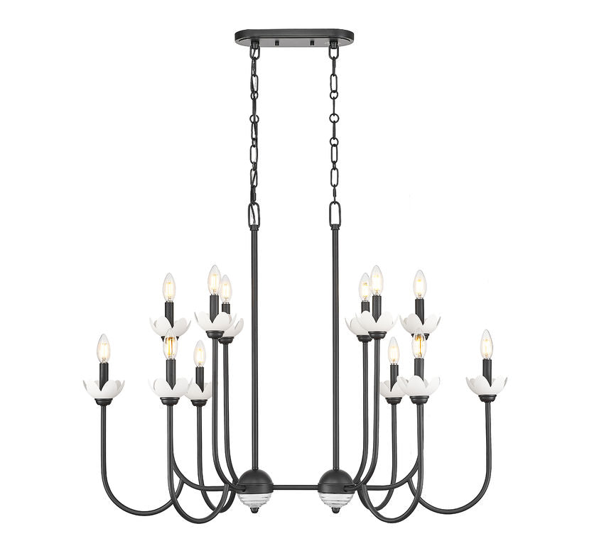 Z-Lite Allistair 12-Light Candelabra Bulb Base Matte Black Steel Frame Clear Ribbed Glass Shade Linear Chandelier