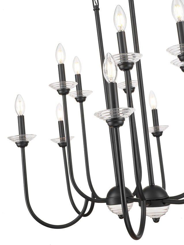 Z-Lite Allistair 12-Light Candelabra Bulb Base Matte Black Steel Frame Clear Ribbed Glass Shade Linear Chandelier