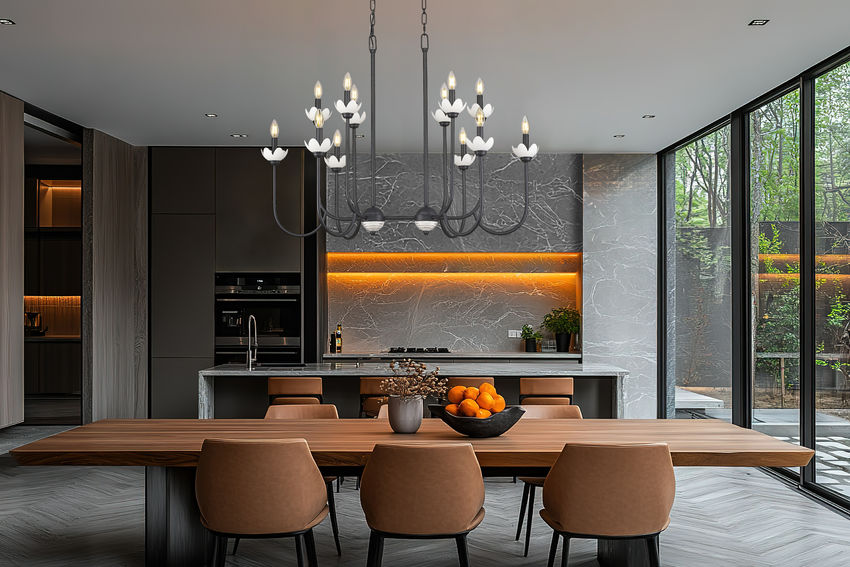 Z-Lite Allistair 12-Light Candelabra Bulb Base Matte Black Steel Frame Clear Ribbed Glass Shade Linear Chandelier