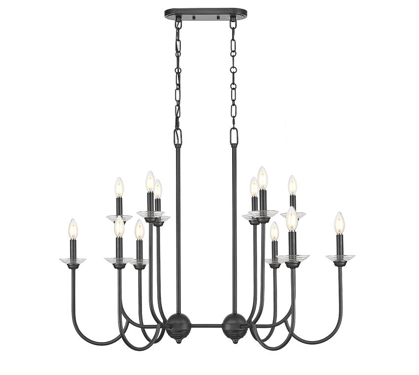 Z-Lite Allistair 12-Light Candelabra Bulb Base Matte Black Steel Frame Clear Ribbed Glass Shade Linear Chandelier