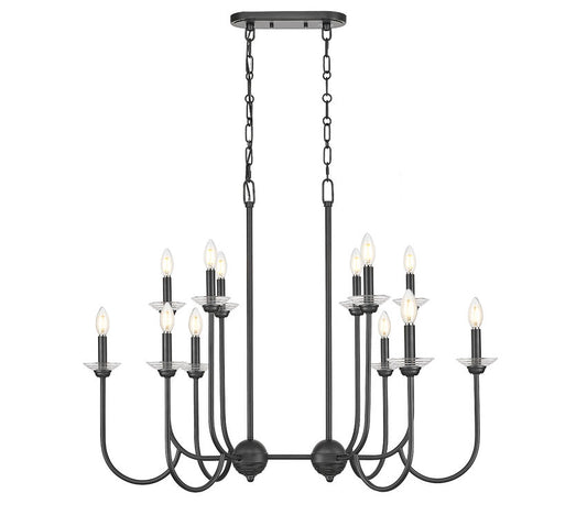 Z-Lite Allistair 12-Light Candelabra Bulb Base Matte Black Steel Frame Clear Ribbed Glass Shade Linear Chandelier