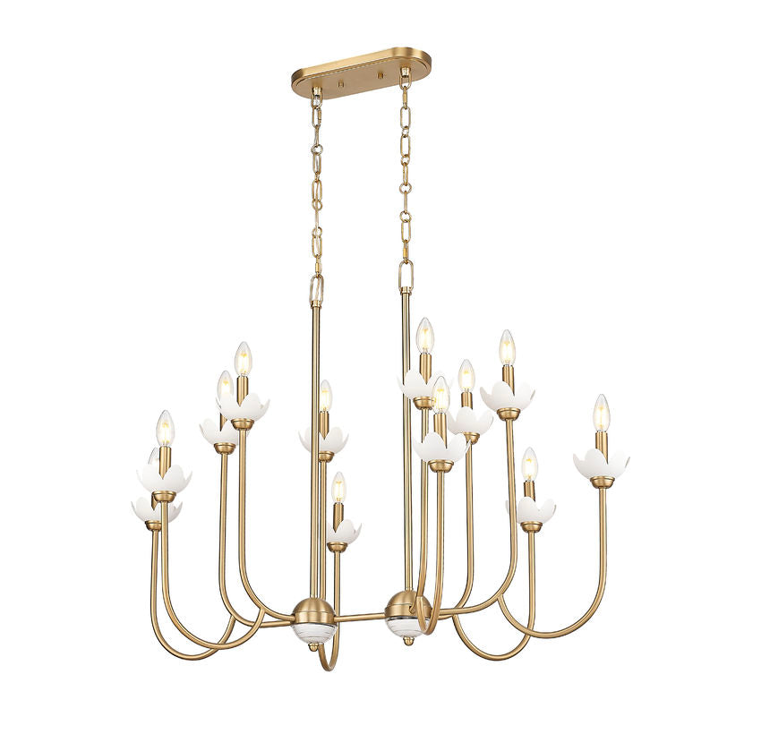 Z-Lite Allistair 12-Light Candelabra Bulb Base Modern Gold Steel Frame Clear Ribbed Glass Shade Linear Chandelier