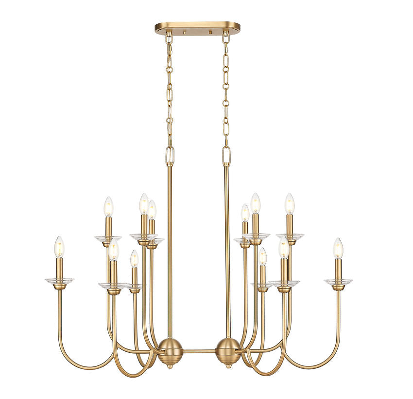 Z-Lite Allistair 12-Light Candelabra Bulb Base Modern Gold Steel Frame Clear Ribbed Glass Shade Linear Chandelier