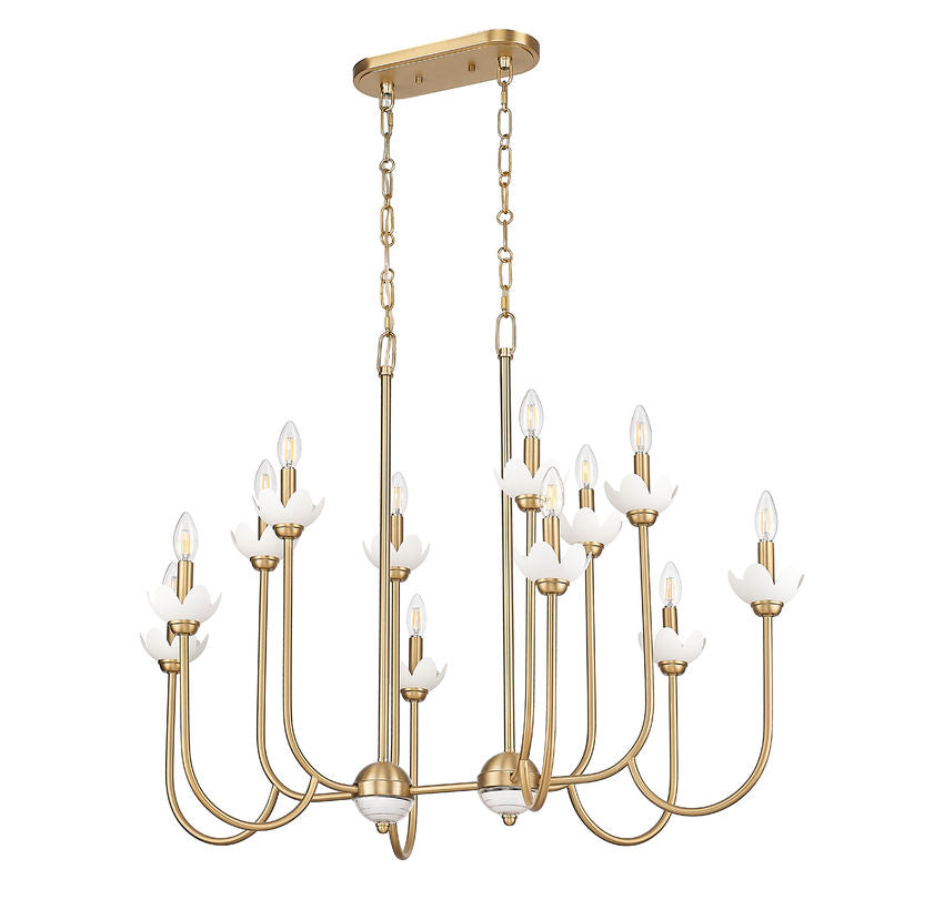 Z-Lite Allistair 12-Light Candelabra Bulb Base Modern Gold Steel Frame Clear Ribbed Glass Shade Linear Chandelier