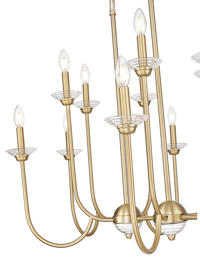 Z-Lite Allistair 12-Light Candelabra Bulb Base Modern Gold Steel Frame Clear Ribbed Glass Shade Linear Chandelier
