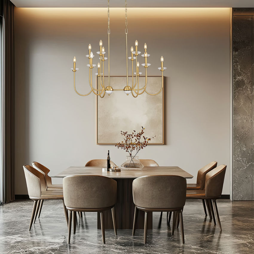 Z-Lite Allistair 12-Light Candelabra Bulb Base Modern Gold Steel Frame Clear Ribbed Glass Shade Linear Chandelier