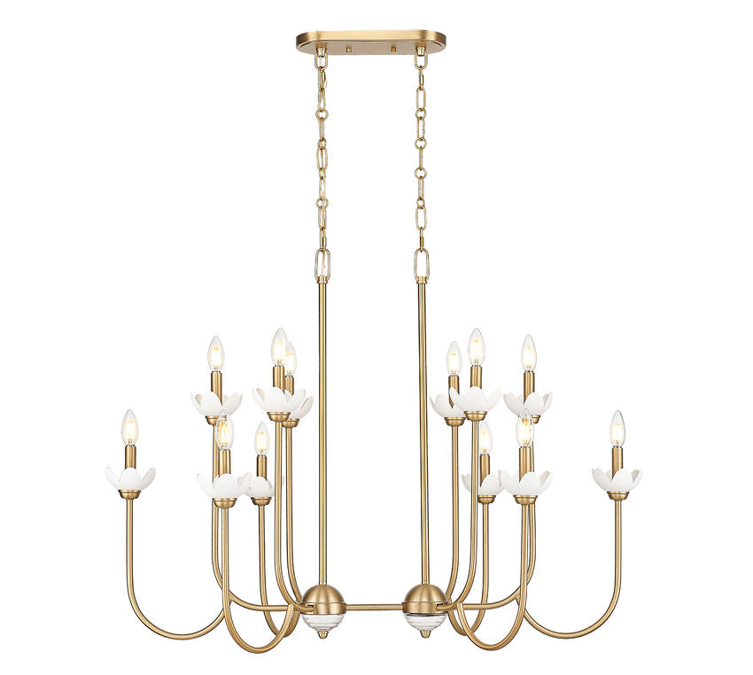 Z-Lite Allistair 12-Light Candelabra Bulb Base Modern Gold Steel Frame Clear Ribbed Glass Shade Linear Chandelier