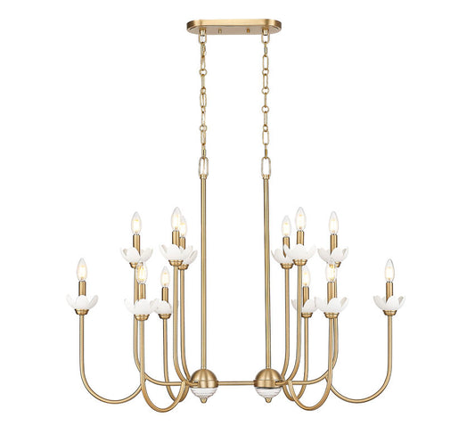 Z-Lite Allistair 12-Light Candelabra Bulb Base Modern Gold Steel Frame Clear Ribbed Glass Shade Linear Chandelier