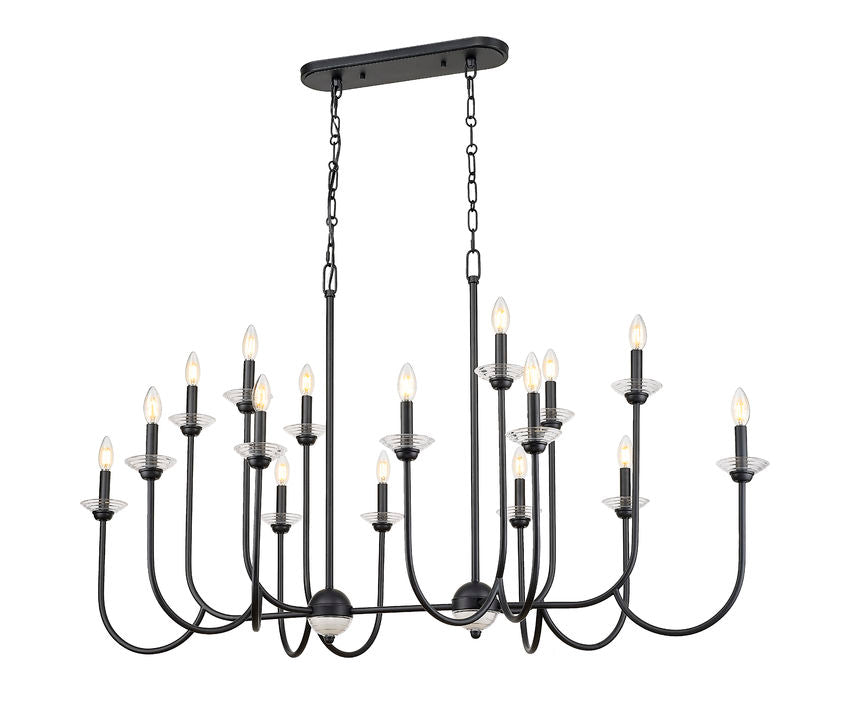 Z-Lite Allistair 16-Light Candelabra Bulb Base Matte Black Steel Frame Clear Ribbed Glass Shade Linear Chandelier