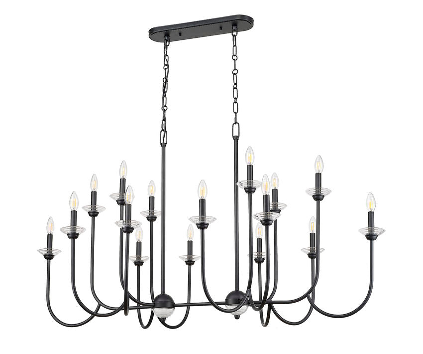 Z-Lite Allistair 16-Light Candelabra Bulb Base Matte Black Steel Frame Clear Ribbed Glass Shade Linear Chandelier
