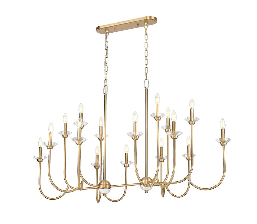 Z-Lite Allistair 16-Light Candelabra Bulb Base Modern Gold Steel Frame Clear Ribbed Glass Shade Linear Chandelier