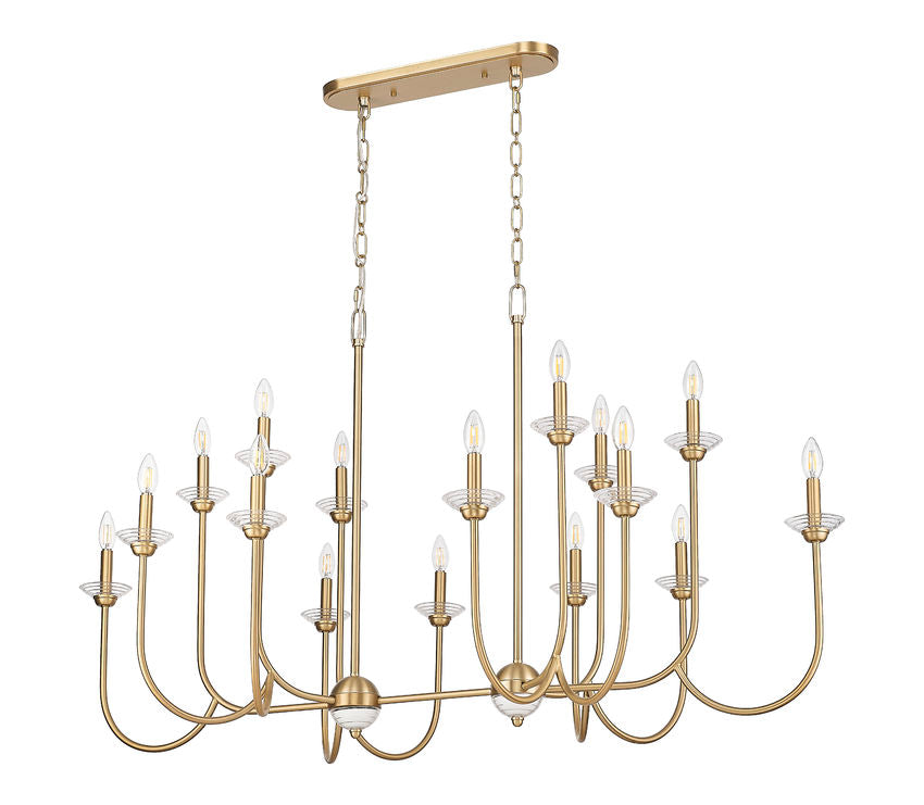 Z-Lite Allistair 16-Light Candelabra Bulb Base Modern Gold Steel Frame Clear Ribbed Glass Shade Linear Chandelier